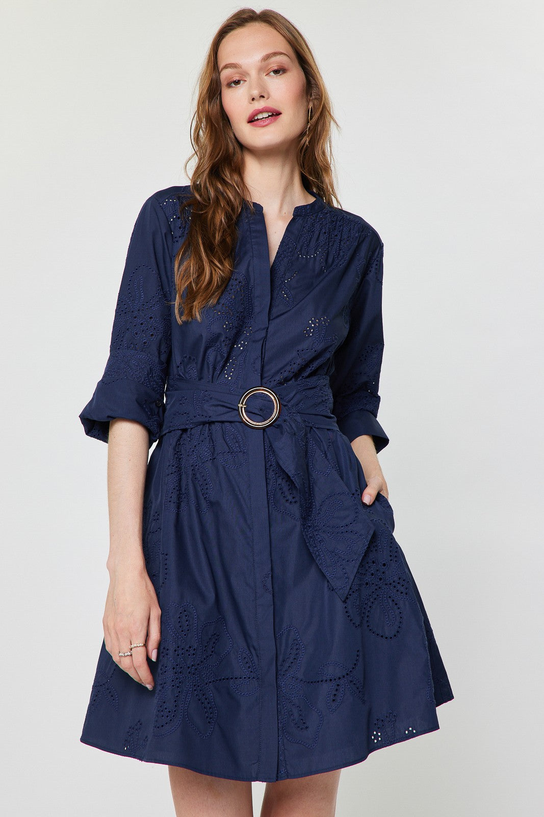 Eyelet Embroidered Belted Mini Dress