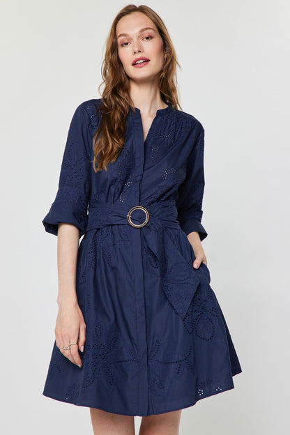 Eyelet Embroidered Belted Mini Dress