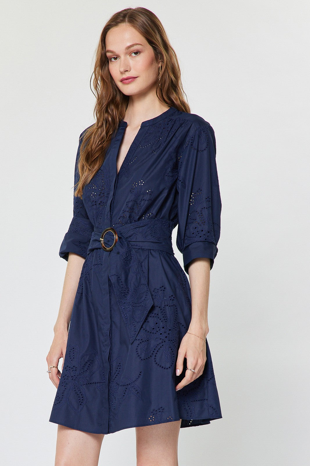 Eyelet Embroidered Belted Mini Dress