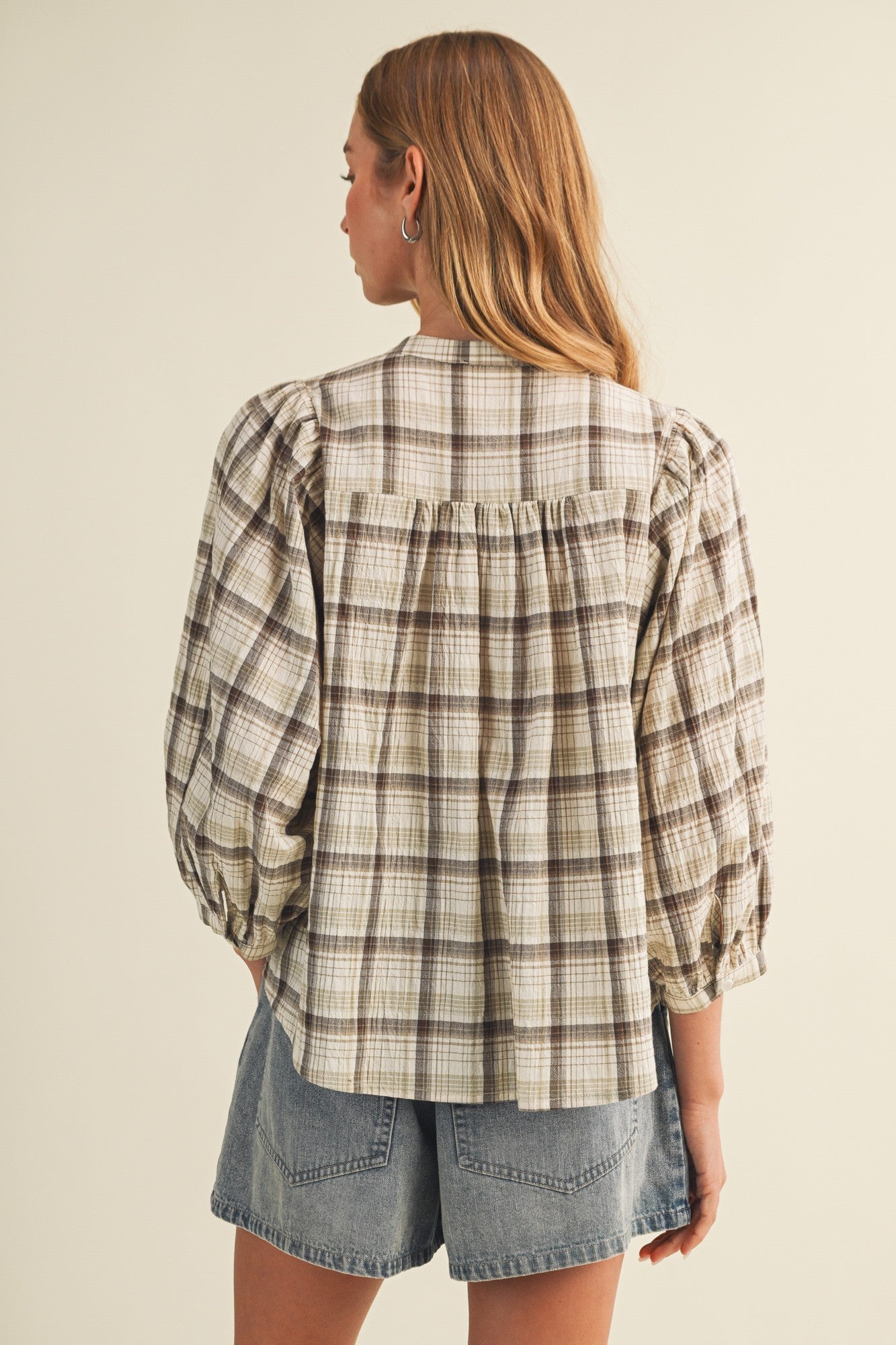 V-Neck Shirred Yoke Plaid Blouse