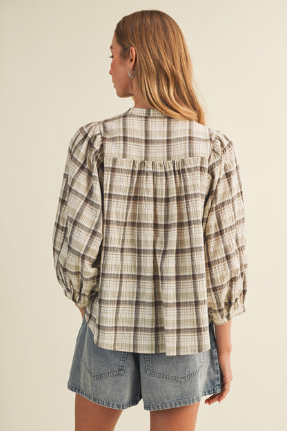 V-Neck Shirred Yoke Plaid Blouse