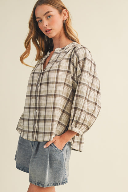 V-Neck Shirred Yoke Plaid Blouse