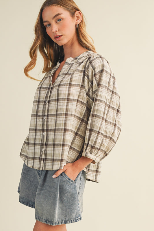 V-Neck Shirred Yoke Plaid Blouse