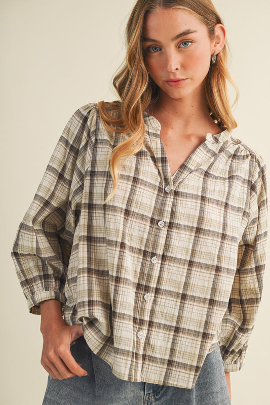 V-Neck Shirred Yoke Plaid Blouse