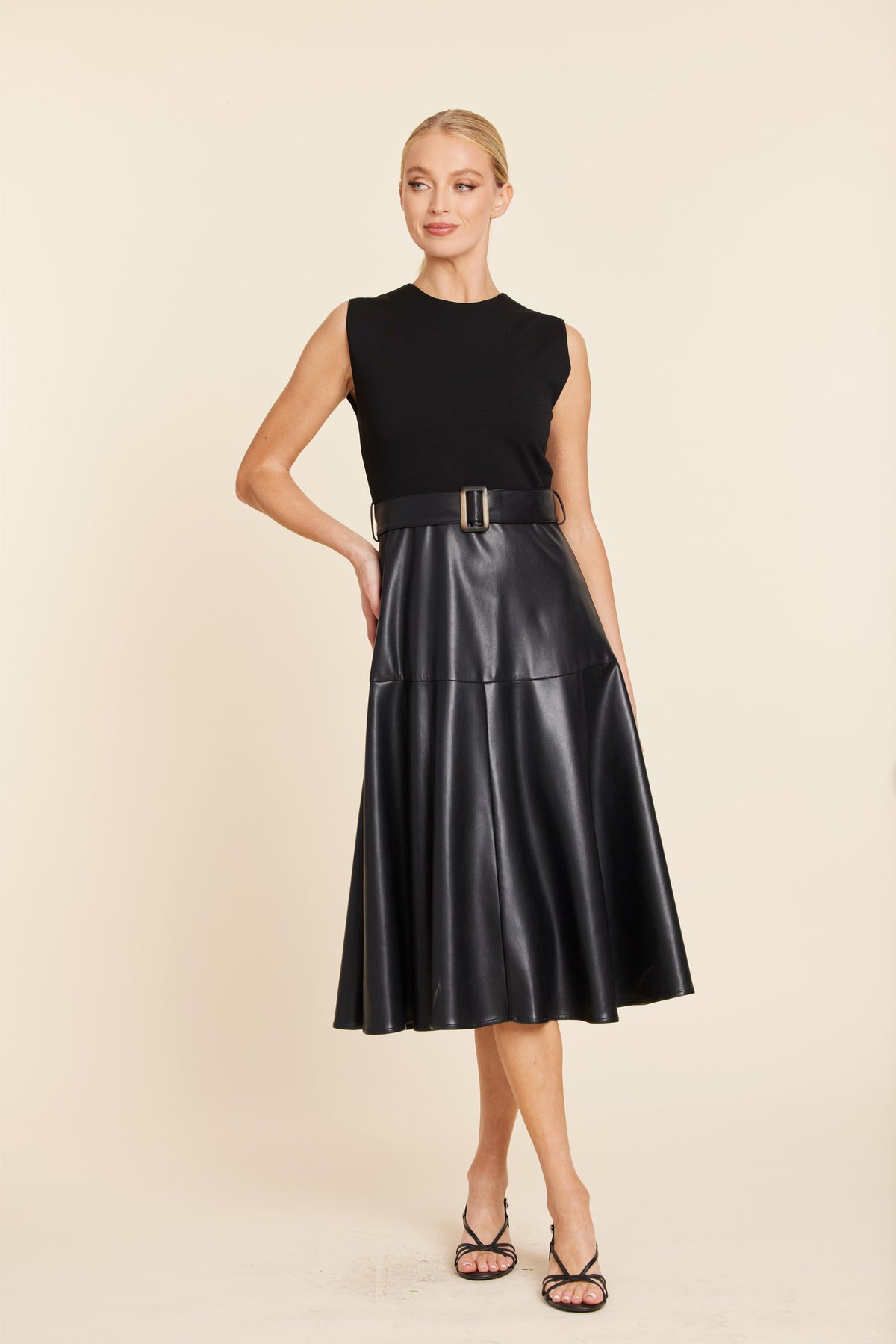 Faux Leather Full Skirt Midi Dress