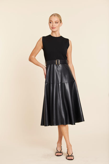 Faux Leather Full Skirt Midi Dress