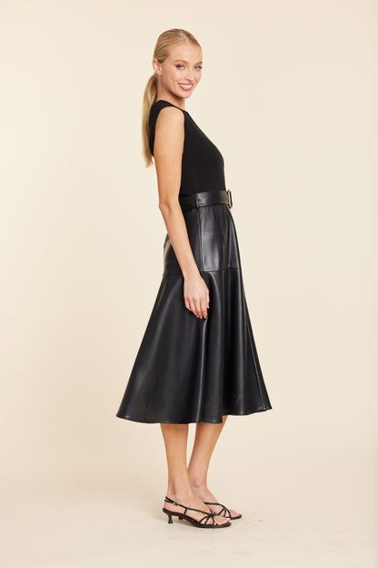 Faux Leather Full Skirt Midi Dress