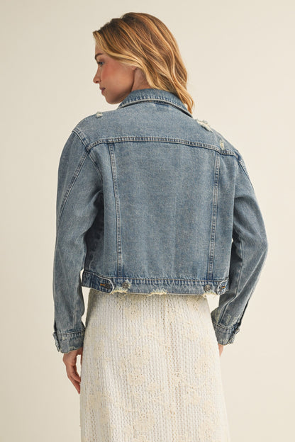 Distressed Cropped Jean Jacket Denim