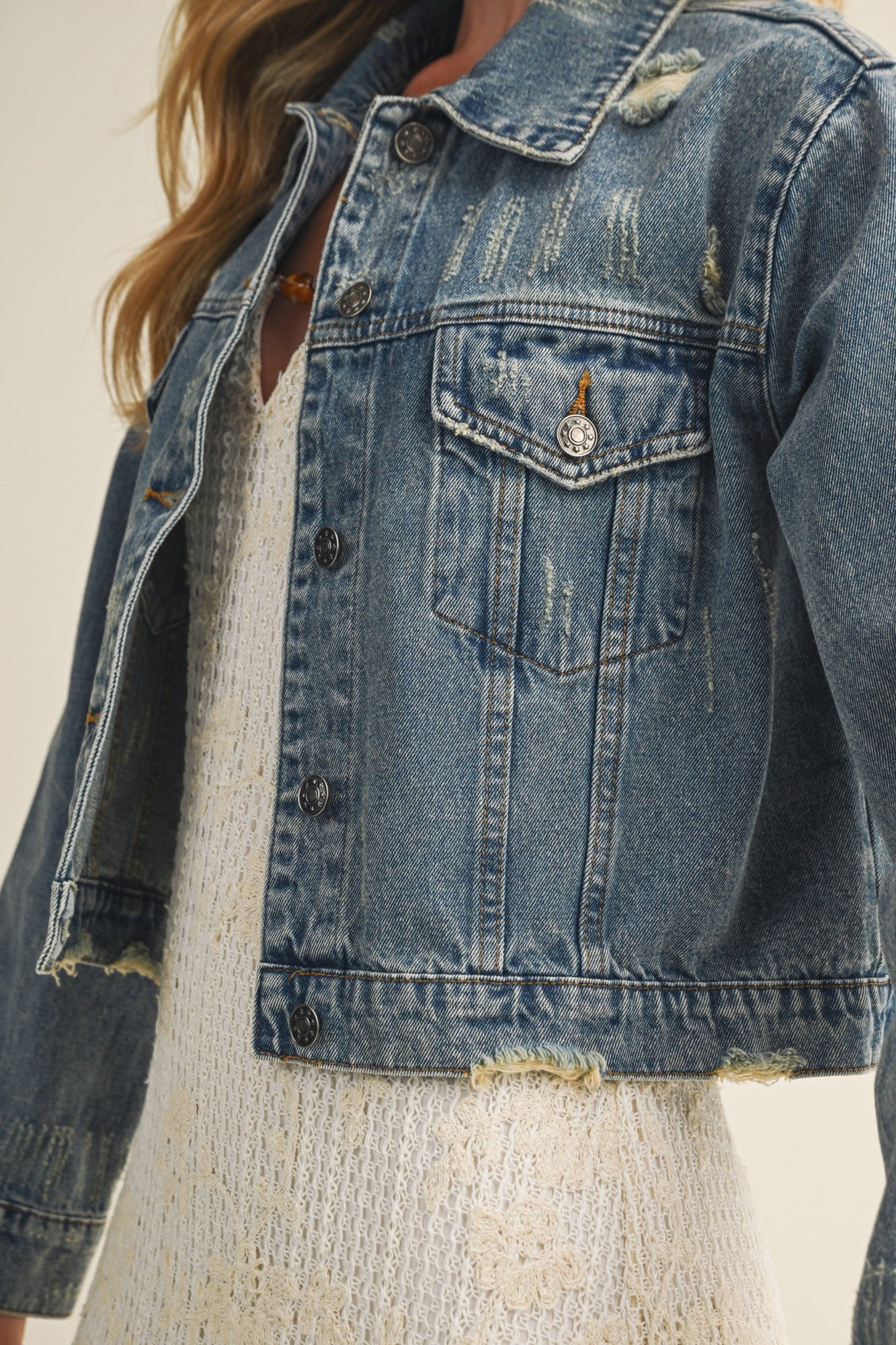 Distressed Cropped Jean Jacket Denim
