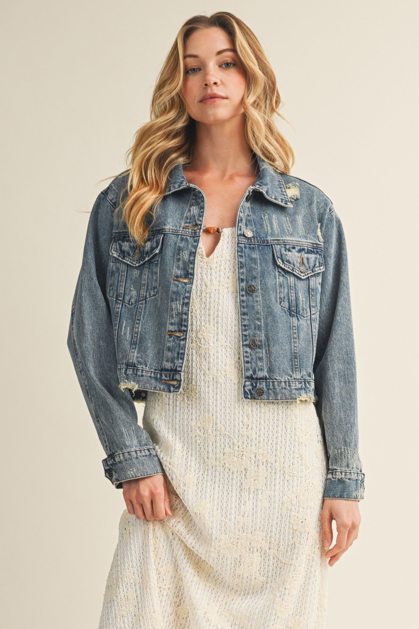 Distressed Cropped Jean Jacket Denim