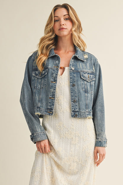 Distressed Cropped Jean Jacket Denim