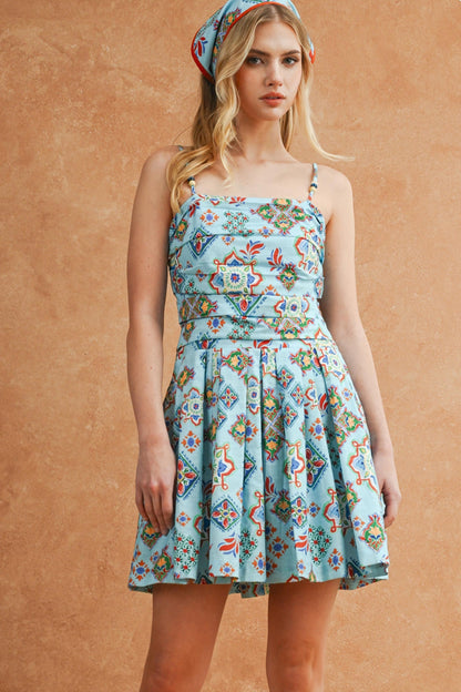 Majolica Tile Print Pleated Mini Dress