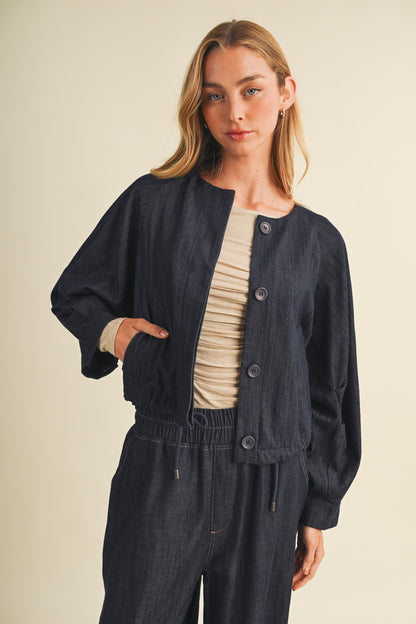 Collarless Volume Sleeve Denim Jacket