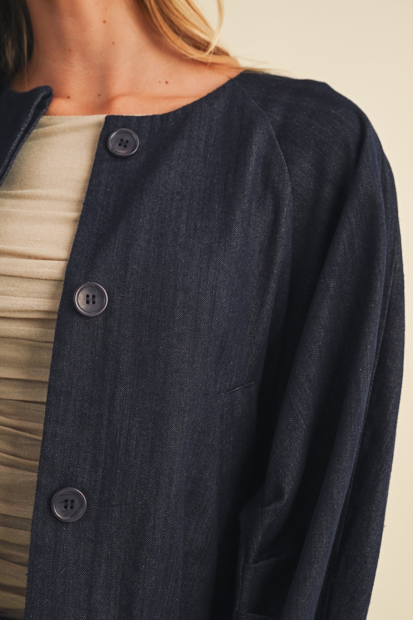 Collarless Volume Sleeve Denim Jacket