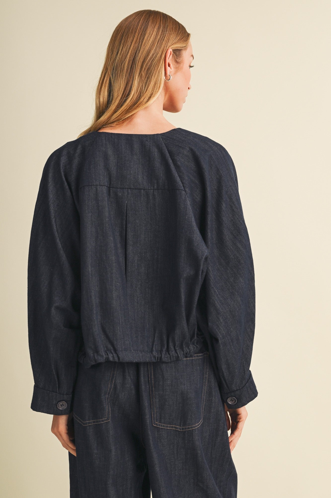 Collarless Volume Sleeve Denim Jacket