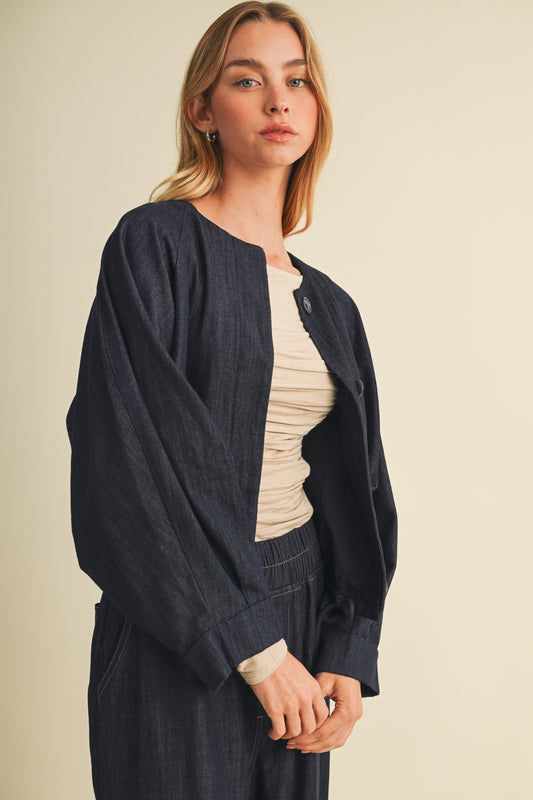 Collarless Volume Sleeve Denim Jacket