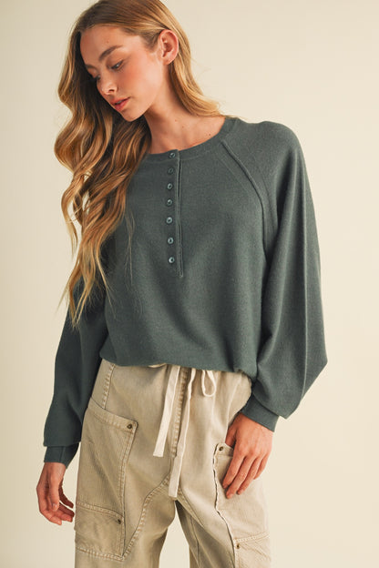 Brushed Knit Henley Raglan Pullover