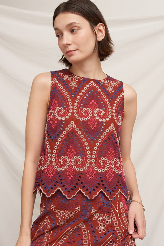 Eyelet Embroidered Top With Scalloped Hem