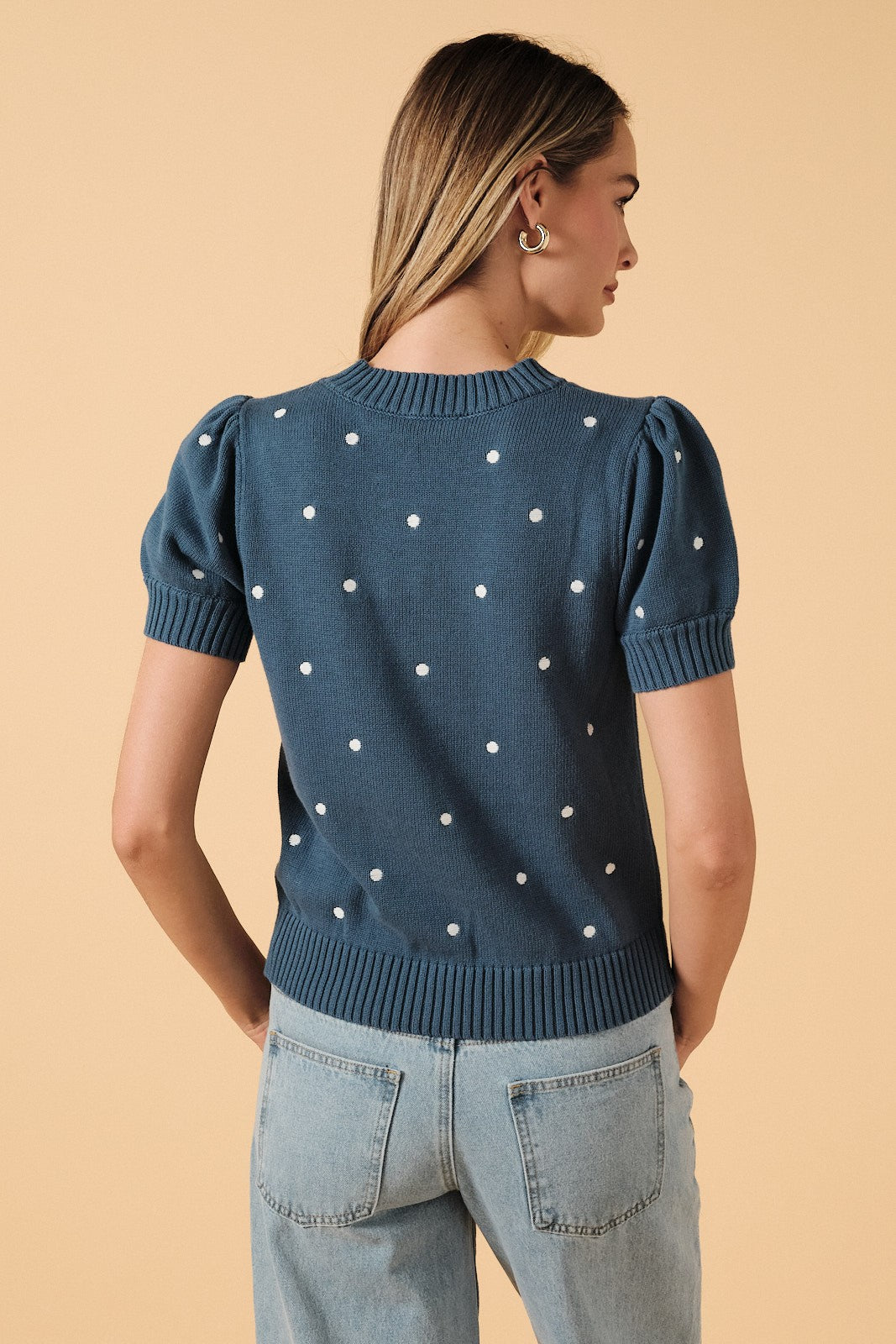 Polka Dot Embroidered Sweater Top Dusty Blue