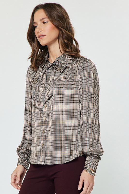 Plaid Blouse with Bow Tie