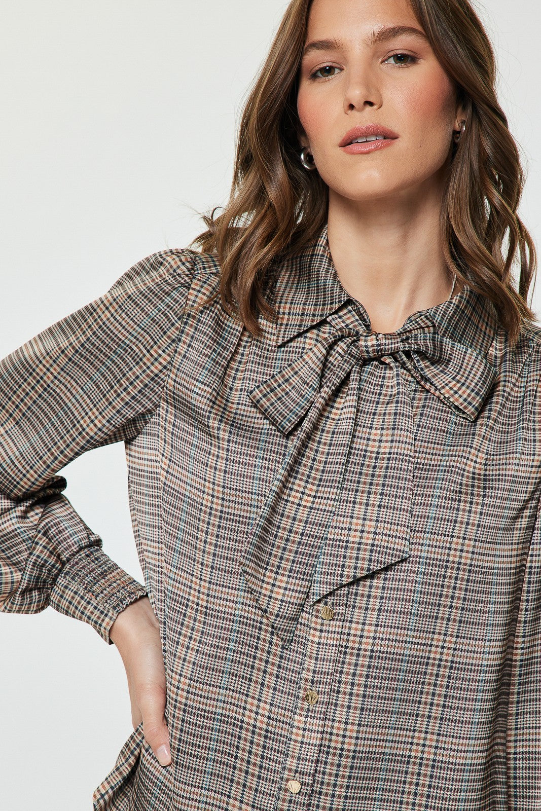 Plaid Blouse with Bow Tie