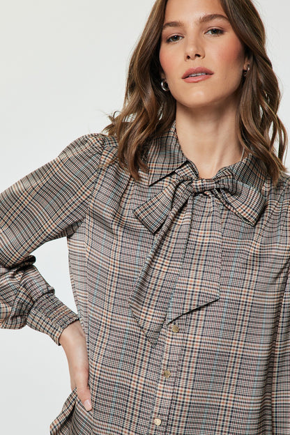 Plaid Blouse with Bow Tie