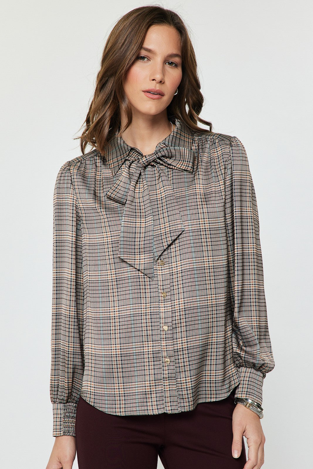 Plaid Blouse with Bow Tie