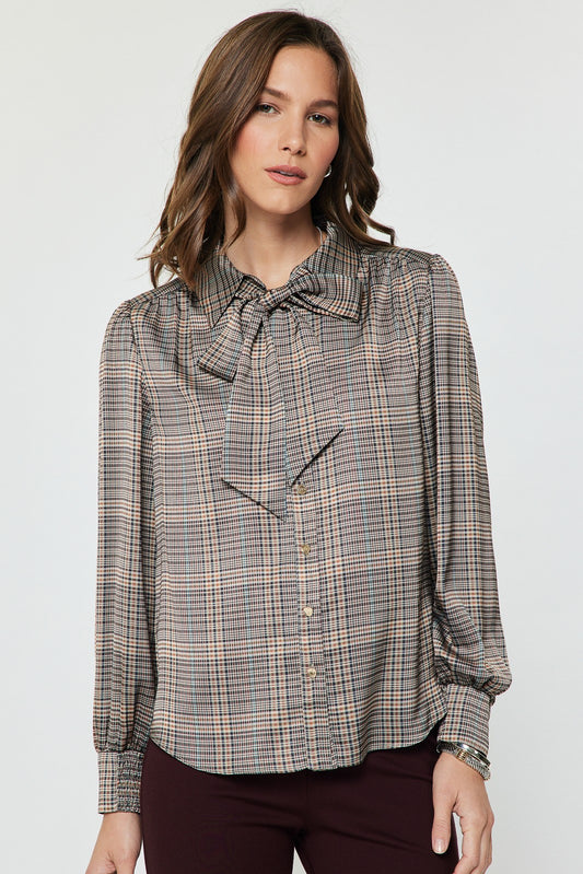 Plaid Blouse with Bow Tie