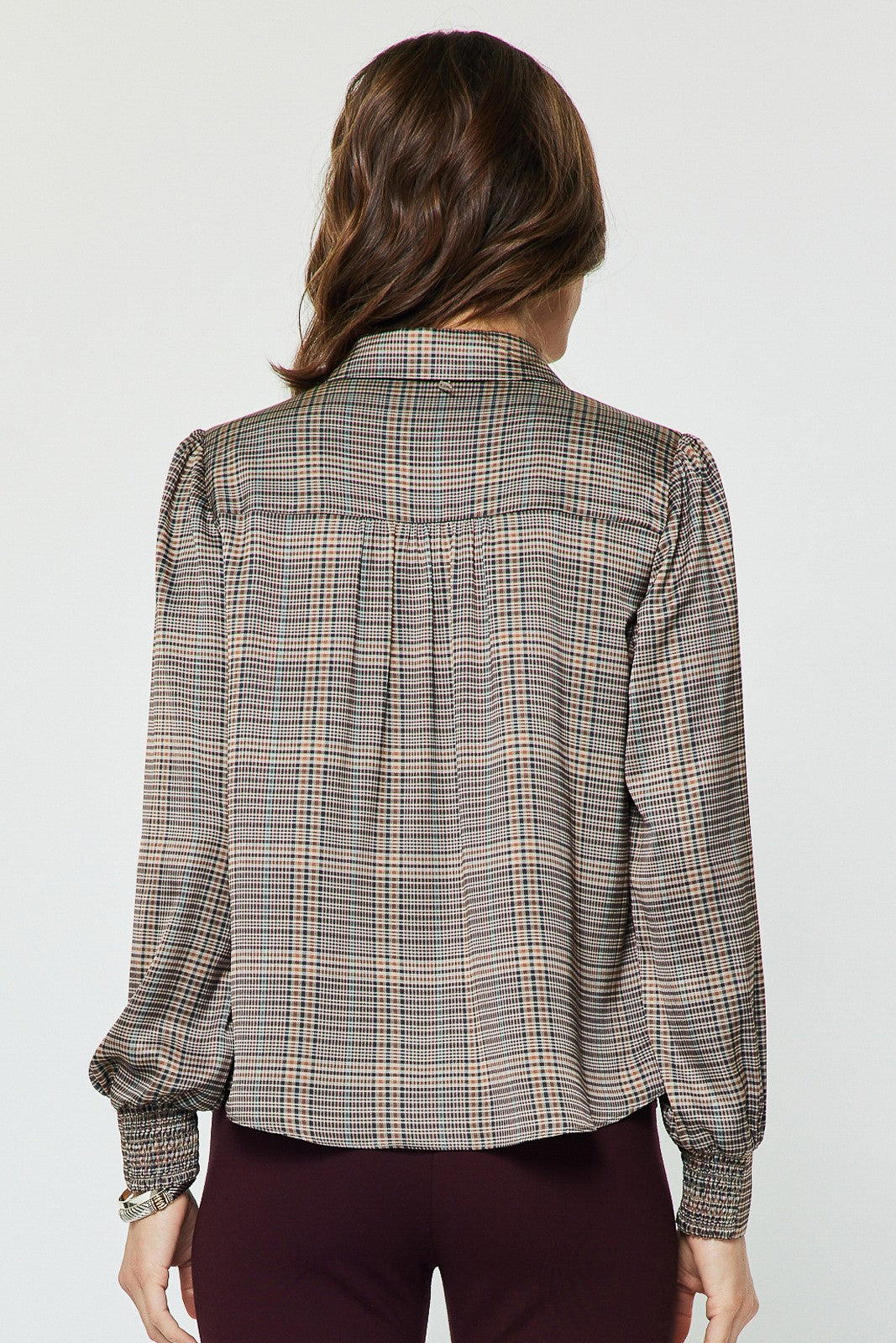 Plaid Blouse with Bow Tie