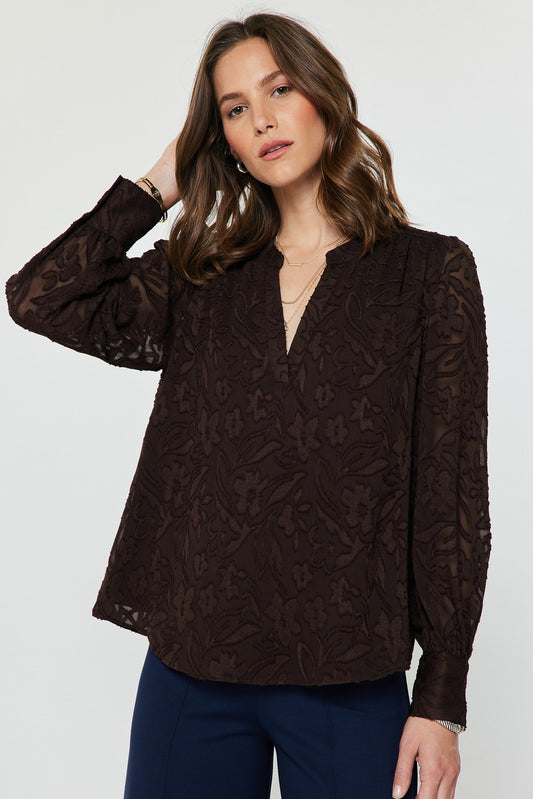 Floral Jaquard Long Sleeve Blouse Brown