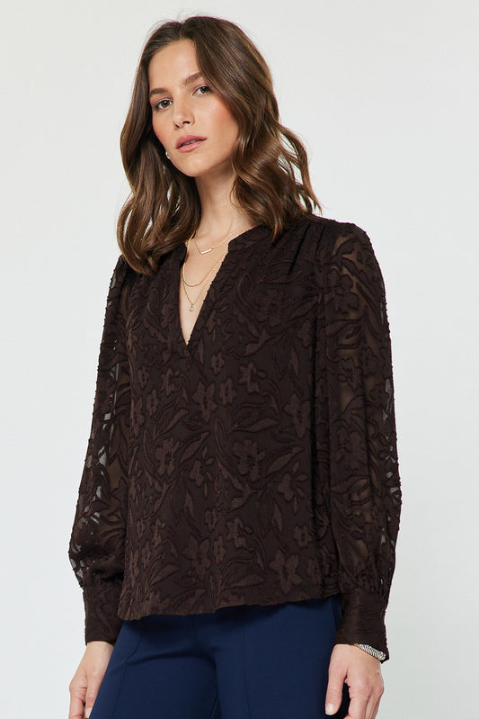 Floral Jaquard Long Sleeve Blouse Brown