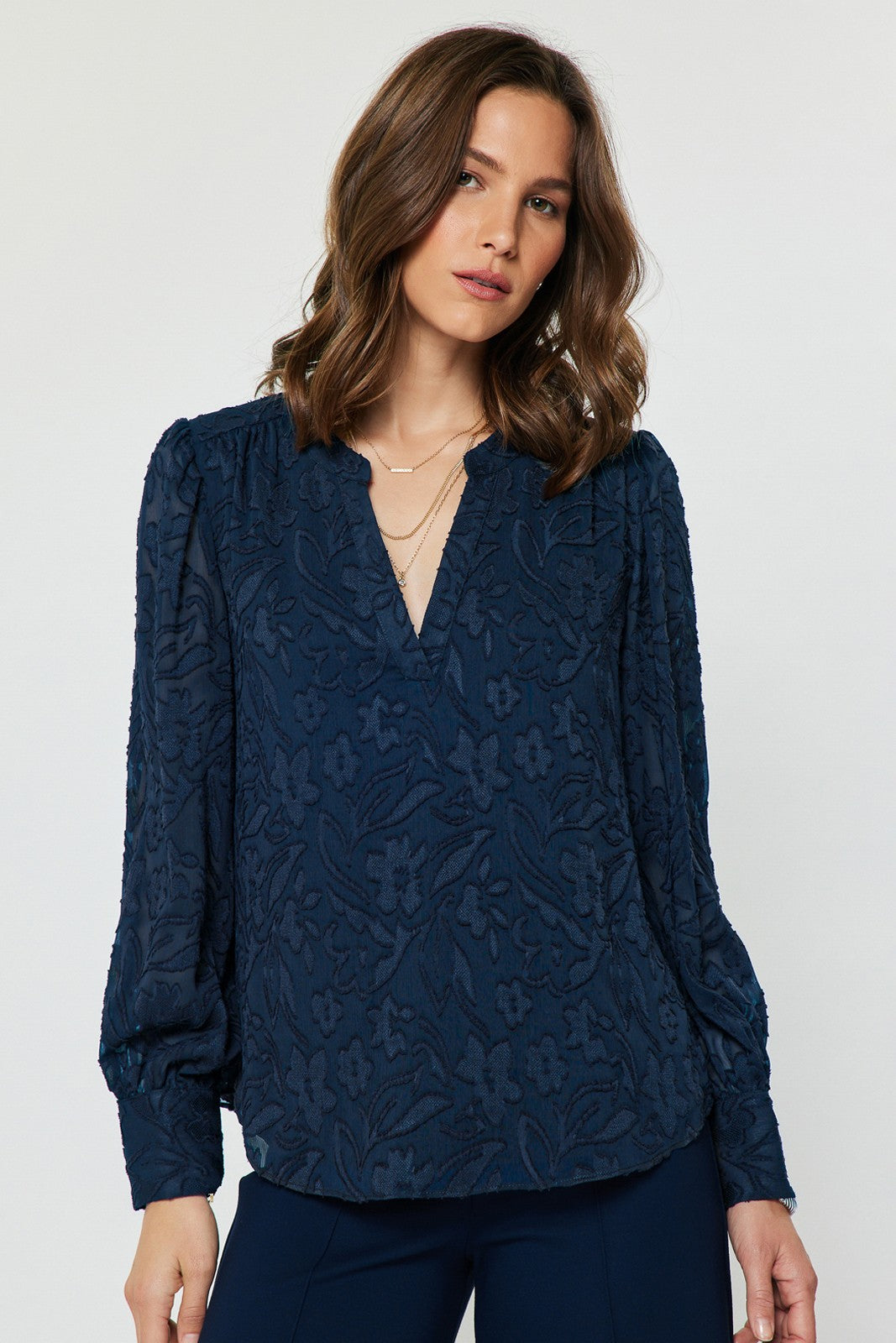 Floral Jaquard Long Sleeve Blouse Navy