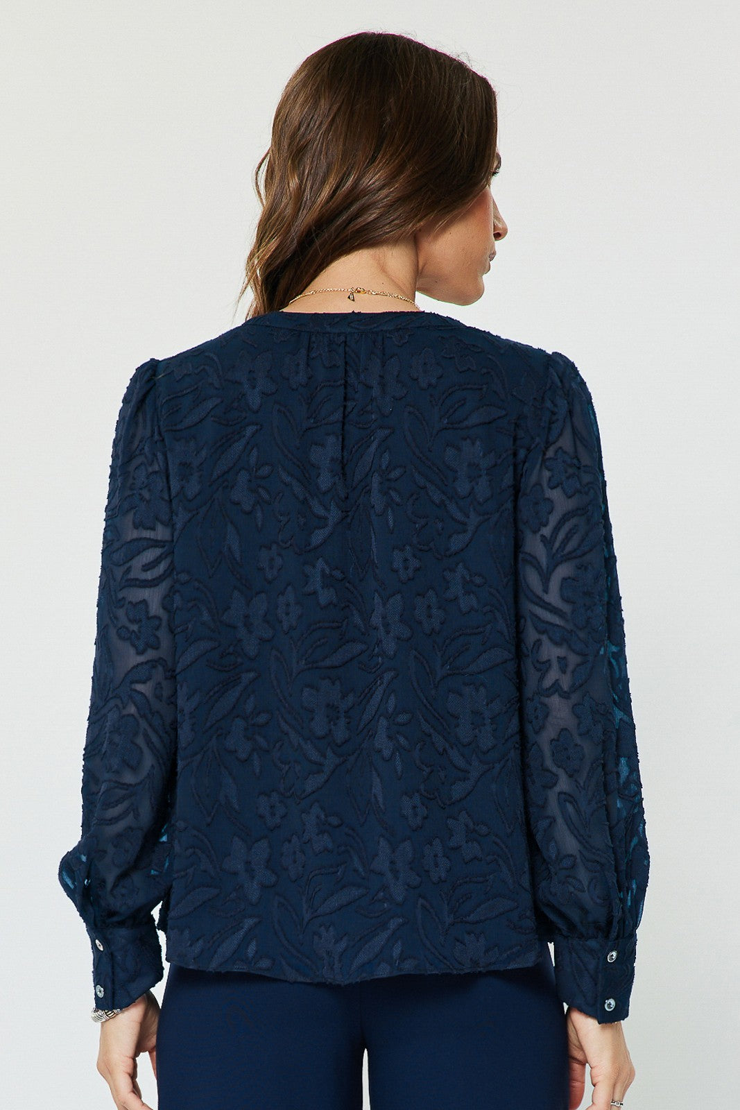 Floral Jaquard Long Sleeve Blouse Navy