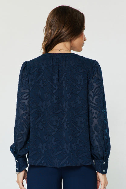 Floral Jaquard Long Sleeve Blouse Navy