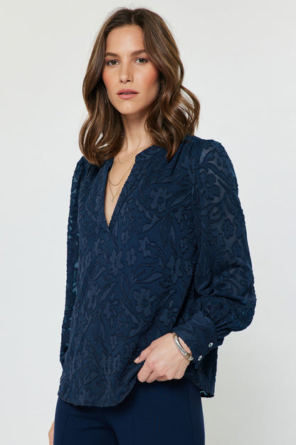 Floral Jaquard Long Sleeve Blouse Navy