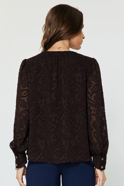 Floral Jaquard Long Sleeve Blouse Brown