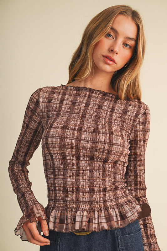 Plaid Knit Shirred Pullover