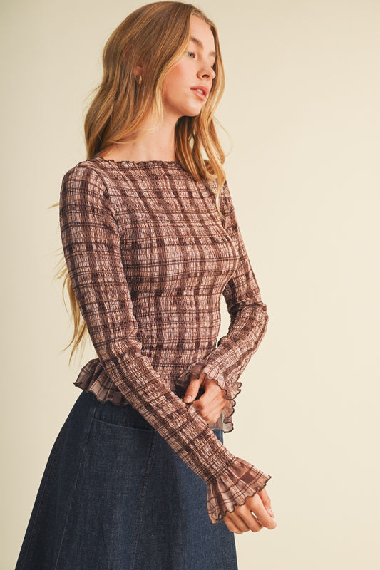 Plaid Knit Shirred Pullover