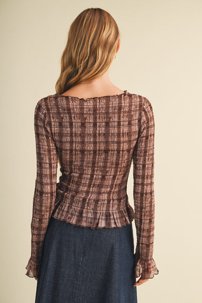 Plaid Knit Shirred Pullover