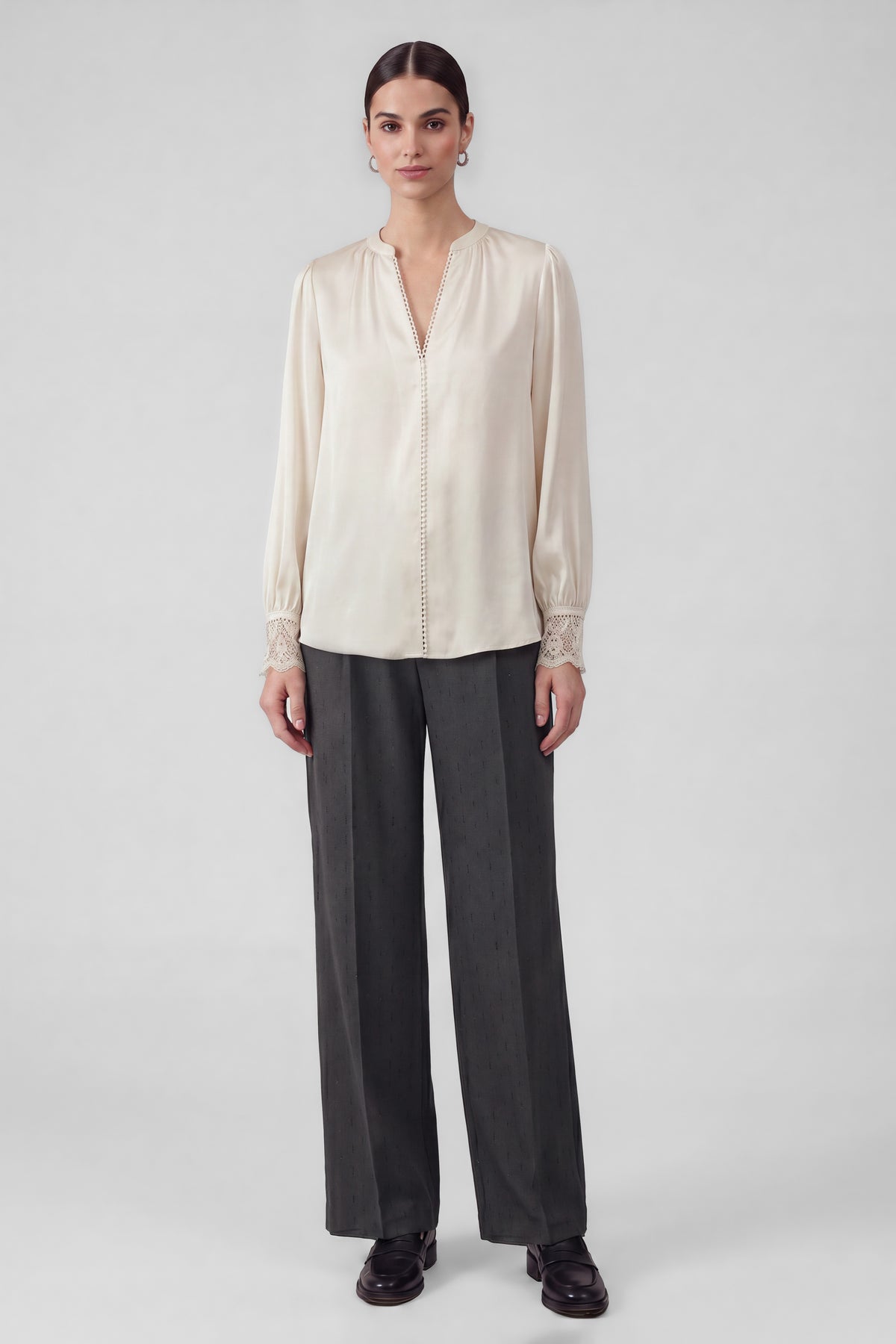 Lace Detail V-Neck Blouse Ecru