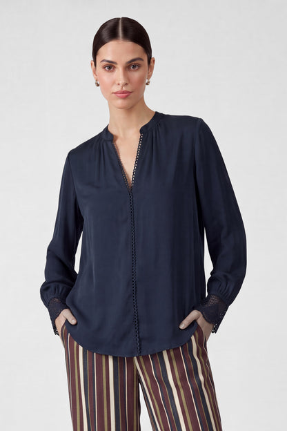Lace Detail V-Neck Blouse Navy