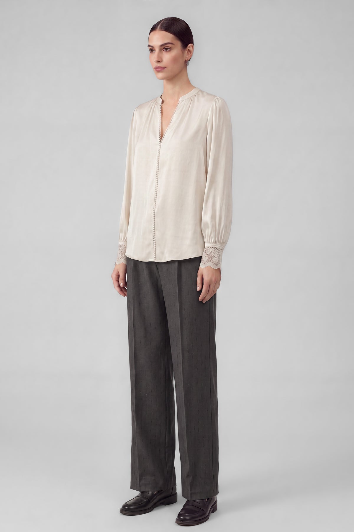 Lace Detail V-Neck Blouse Ecru