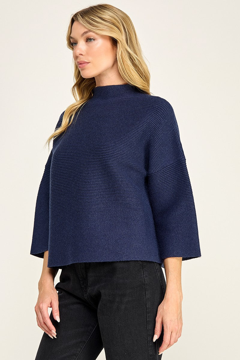 Mock Neck Ribbed Sweater Navy