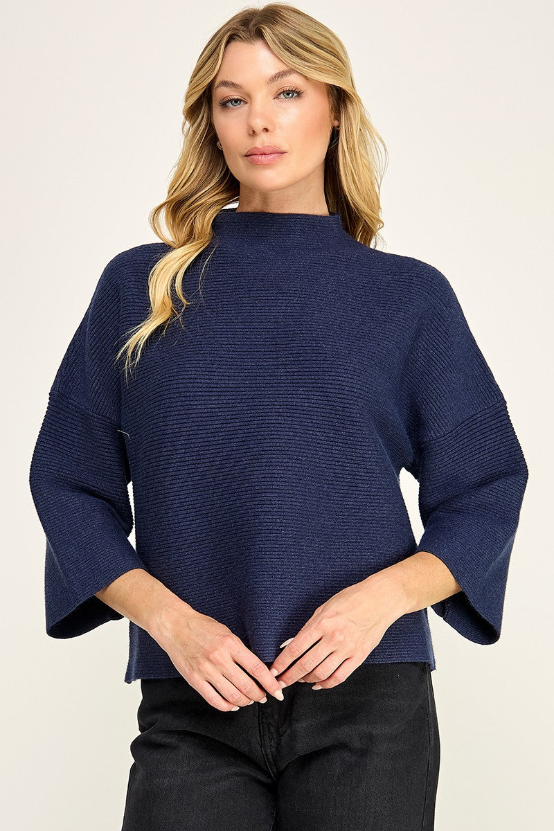 Mock Neck Ribbed Sweater Navy