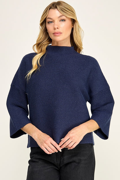 Mock Neck Ribbed Sweater Navy