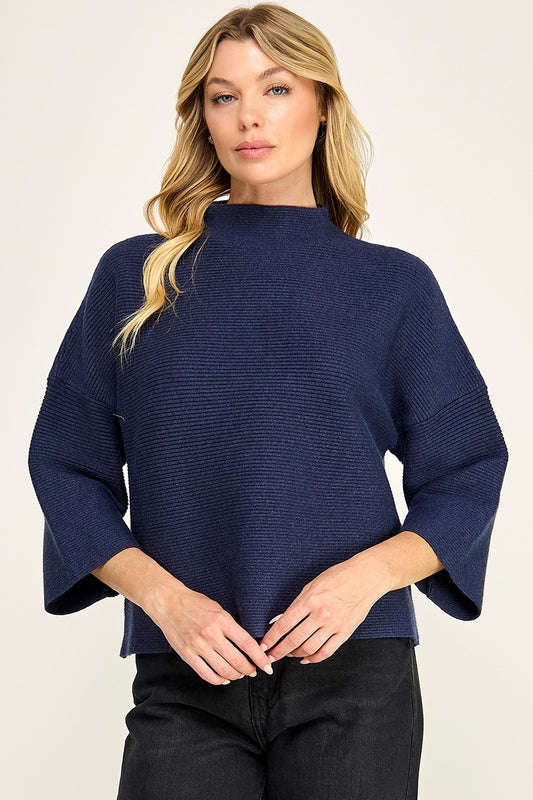 Mock Neck Ribbed Sweater Navy