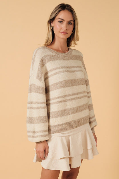 Striped Slouchy Knit Crew Neck Sweater