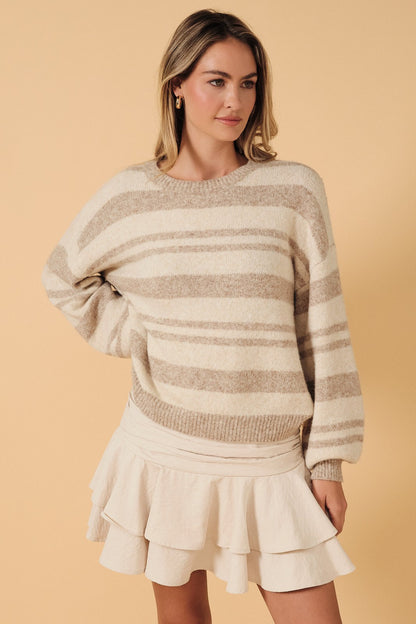 Striped Slouchy Knit Crew Neck Sweater