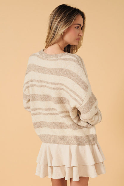 Striped Slouchy Knit Crew Neck Sweater