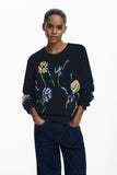 Jacquard Sweater with Embroidered Flowers
